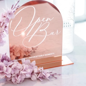 Open Bar Wedding Sign | 8x10 Arched Acrylic Sign | Wedding Signage | Mirrored Gold Rose Gold Silver Acrylic Sign | Signature Drinks Sign