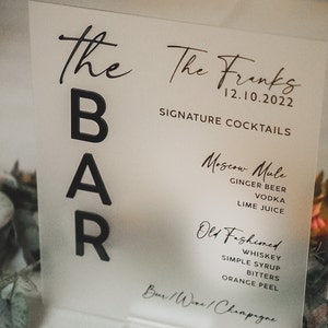 Acrylic Wedding Bar Sign / Signature Drink 8x10 Frosted Bar Menu / Open Bar Sign / Modern Wedding Sign / Event Stationery / His Hers Drinks
