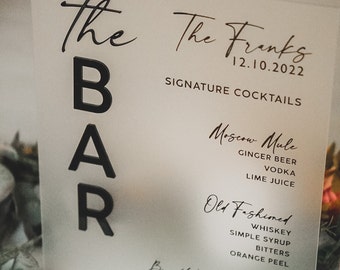 Akrylowy znak na bar weselny | Signature Drink 8x10 Frosted Bar Menu | Znak Open Bar | Nowoczesny znak na wesele | Papeteria na imprezy | His Hers Drinks
