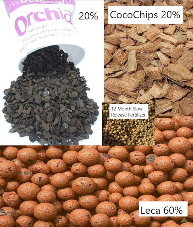 May include: A close-up of a mix of potting soil ingredients for orchids. The mix includes 20% CocoChips, 20% orchid bark, 60% Leca, and 12 Month Slow Release Fertilizer.