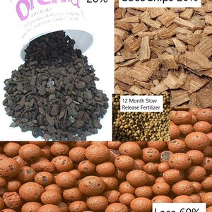 May include: A close-up of a mix of potting soil ingredients for orchids. The mix includes 20% orchid bark, 20% coco chips, 12 month slow release fertilizer, and 60% Leca.