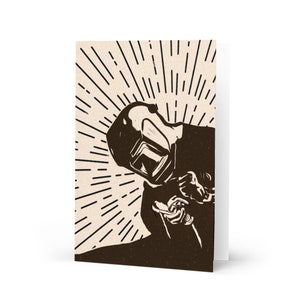 Carte de soudure | Carte de remise des diplômes en soudage - Illustration de style gravure sur bois du soudeur sur la couverture avec un espace intérieur vierge | W1