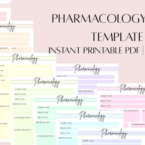 May include: A collection of nine colorful pharmacology study templates. Each template features fields for generic name, brand name, drug class, and more. The text "Pharmacology Study Template" is displayed.