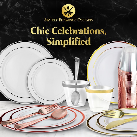 1200 Piece Gold Plastic Dinnerware Set 400 White and Gold Plastic Plates Set of 600 Gold Plastic Silverware 200 Gold Plastic Cups Etsy