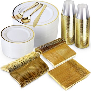 600 Piece Gold Plastic Dinnerware Set – 200 White and Gold Plastic Plates – Set of 300 Gold Plastic Silverware – 100 Gold Plastic Cups