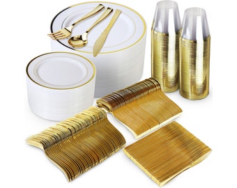 600 Piece Gold Plastic Dinnerware Set – 200 White and Gold Plastic Plates – Set of 300 Gold Plastic Silverware – 100 Gold Plastic Cups