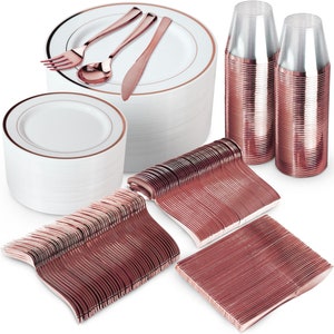 600 Piece Rose Gold Dinnerware Set - 200 White and Rose Gold Plastic Plates - Set of 300 Rose Gold Plastic Silverware - 100 Plastic Cups