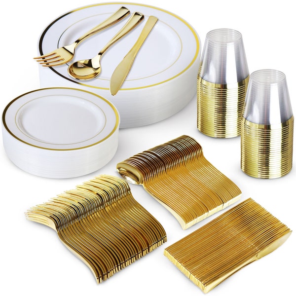 300 Piece Gold Plastic Dinnerware Set – 100 White and Gold Plastic Plates – Set of 150 Gold Plastic Silverware – 50 Gold Plastic Cups