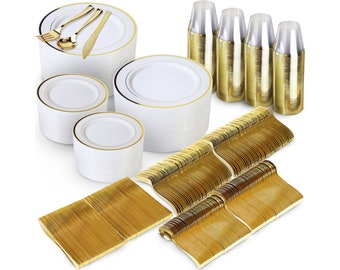 1200 Piece Gold Plastic Dinnerware Set – 400 White and Gold Plastic Plates – Set of 600 Gold Plastic Silverware – 200 Gold Plastic Cups