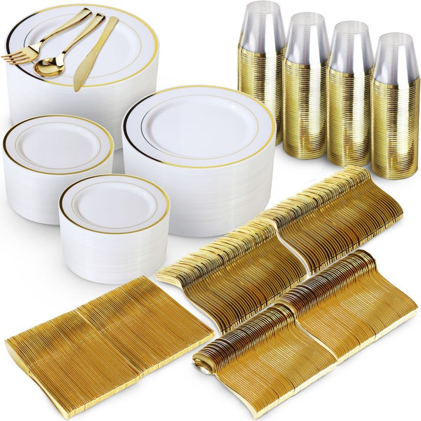 1200 Piece Gold Plastic Dinnerware Set – 400 White and Gold Plastic Plates – Set of 600 Gold Plastic Silverware – 200 Gold Plastic Cups