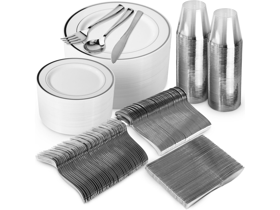 Buy 600 Piece Silver Dinnerware Set – 200 White and Silver Plastic