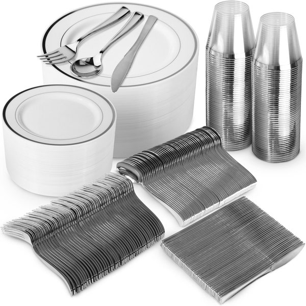 600 Piece Silver Dinnerware Set – 200 White and Silver Plastic Plates – Set of 300 Silver Plastic Silverware – 100 Silver Plastic Cups