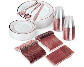 300 Piece Rose Gold Dinnerware Set - 100 White and Rose Gold Plastic Plates - Set of 150 Rose Gold Plastic Silverware - 50 Plastic Cups