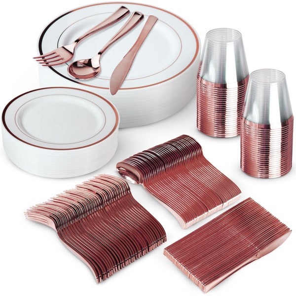 300 Piece Rose Gold Dinnerware Set - 100 White and Rose Gold Plastic Plates - Set of 150 Rose Gold Plastic Silverware - 50 Plastic Cups