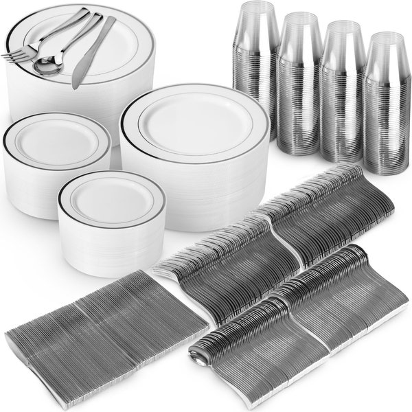 1200 Piece Silver Dinnerware Set – 400 White and Silver Plastic Plates – Set of 600 Silver Plastic Silverware – 200 Silver Plastic Cups