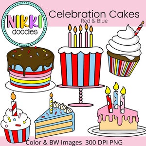 Celebration Cakes-Red Blue Tones- Birthday Cake Cupcake Digital Clipart Images