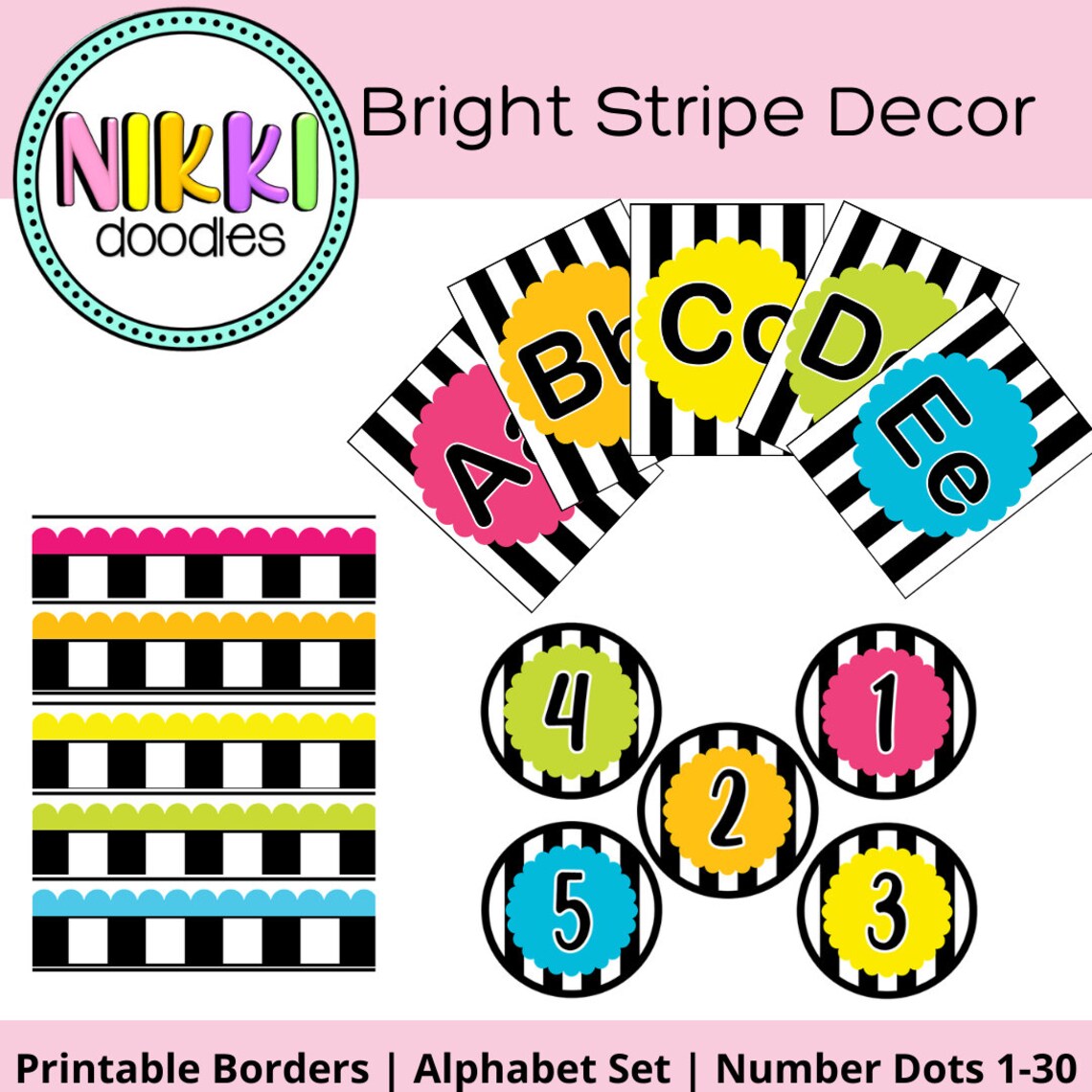 neon stripe printable classroom border alphabet number decor etsy