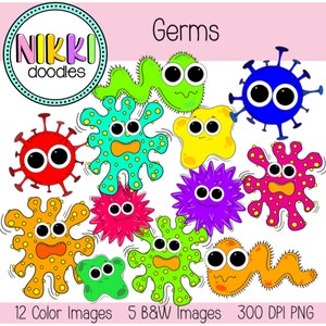 Può includere: Un set di 12 germi di cartoni animati colorati con occhietti tondi. I germi hanno varie forme, tra cui un verme, una stella, una palla spinosa e una macchia. Il testo "Germs" è scritto in nero nella parte superiore dell'immagine. Il testo "12 immagini a colori 5 immagini in bianco e nero 300 DPI PNG" è scritto nella parte inferiore dell'immagine.