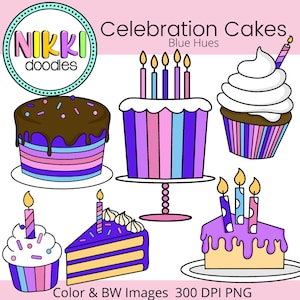 Party Cakes-Blautöne- Geburtstagskuchen Cupcake Digitale Clipart Bilder
