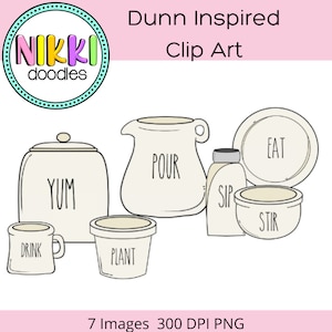 Puede incluir: Un conjunto de siete ilustraciones en blanco y negro de utensilios de cocina con texto escrito a mano. Las ilustraciones incluyen una jarra etiquetada como "pour", un frasco etiquetado como "yum", una taza etiquetada como "drink", un recipiente etiquetado como "plant", un tazón etiquetado como "stir", un plato etiquetado como "eat" y una botella etiquetada como "sip".