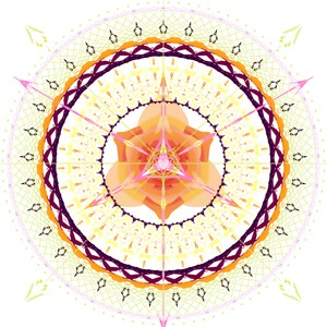 May include: A colourful mandala design with a central star shape in shades of orange, pink, and yellow. The mandala is surrounded by concentric circles of intricate patterns in shades of orange, yellow, and green.