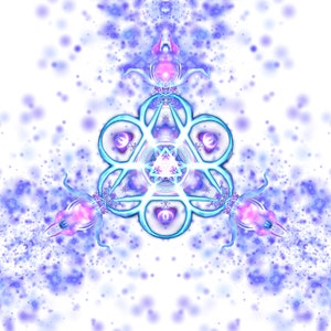 Peut inclure: Œuvre d'art numérique abstraite avec un design symétrique. L'image présente une forme géométrique centrale dans des tons de bleu et de violet, entourée d'une dispersion de points bleus et violets sur fond blanc. Le design a un thème spirituel ou cosmique.