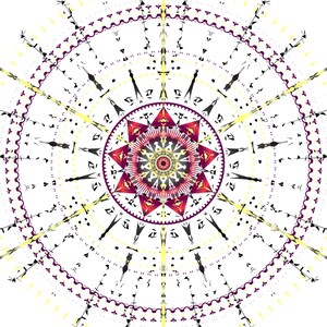 May include: A circular mandala design with a red, white, and yellow colour scheme. The mandala has a starburst pattern with intricate details.