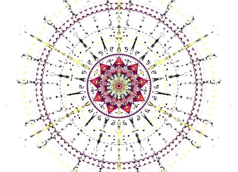 May include: A circular mandala design with a red, white, and yellow colour scheme. The mandala has a starburst pattern with intricate details.