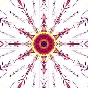 May include: A symmetrical, abstract design with a red, yellow, and white colour scheme. The design features a central circle with radiating lines and intricate patterns.