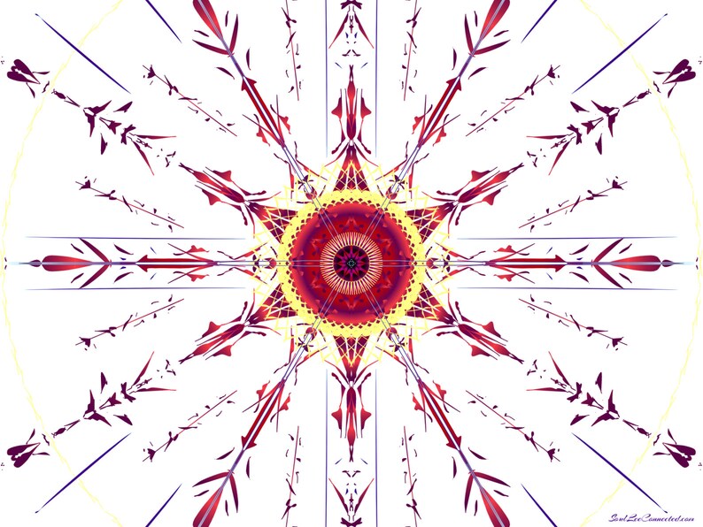 May include: A symmetrical, abstract design with a red, yellow, and white colour scheme. The design features a central circle with radiating lines and intricate patterns.