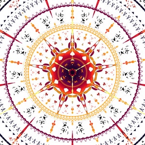 May include: A circular mandala design with intricate details in shades of red, orange, yellow, and black. The design is symmetrical and features a central circle with radiating lines and patterns.