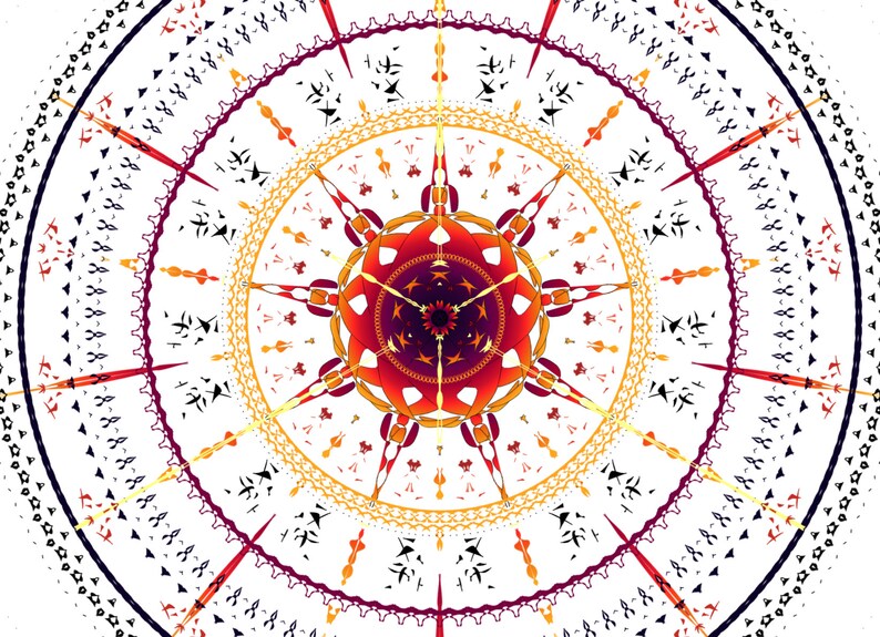 May include: A circular mandala design with intricate details in shades of red, orange, yellow, and black. The design is symmetrical and features a central circle with radiating lines and patterns.