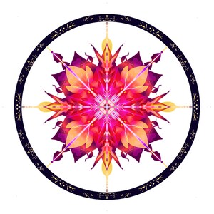May include: A colourful mandala design with a pink, orange, and yellow colour scheme. The mandala is surrounded by a black circle with gold accents.