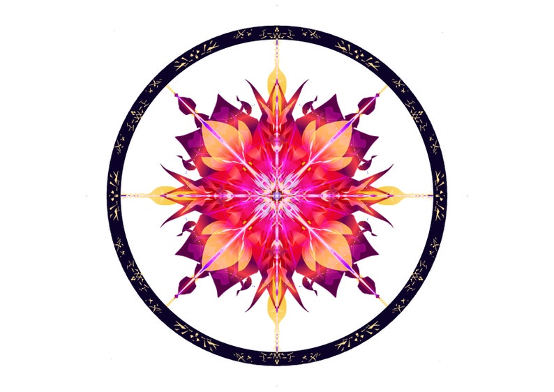 May include: A colourful mandala design with a pink, orange, and yellow colour scheme. The mandala is surrounded by a black circle with gold accents.