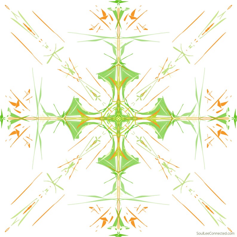 May include: Abstract geometric design with a cross shape in the center. The design is made up of thin lines in shades of green and orange.