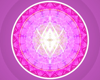 Könnte beinhalten: Ein pinkfarbenes und weißes Mandala mit einem weißen Stern in der Mitte. Das Mandala ist von einem weißen Kreis und einem rosa Hintergrund umgeben.