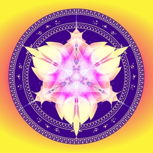 Op de afbeelding: Een kleurrijk mandala-ontwerp met een roze en gele bloem in het midden, omringd door een paarse cirkel met witte markeringen.