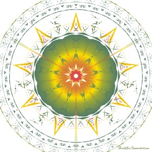May include: A circular mandala design with a green, yellow, and orange colour scheme. The centre of the mandala features a starburst pattern with a red centre. The mandala is surrounded by a white background with a repeating pattern of green and yellow lines.