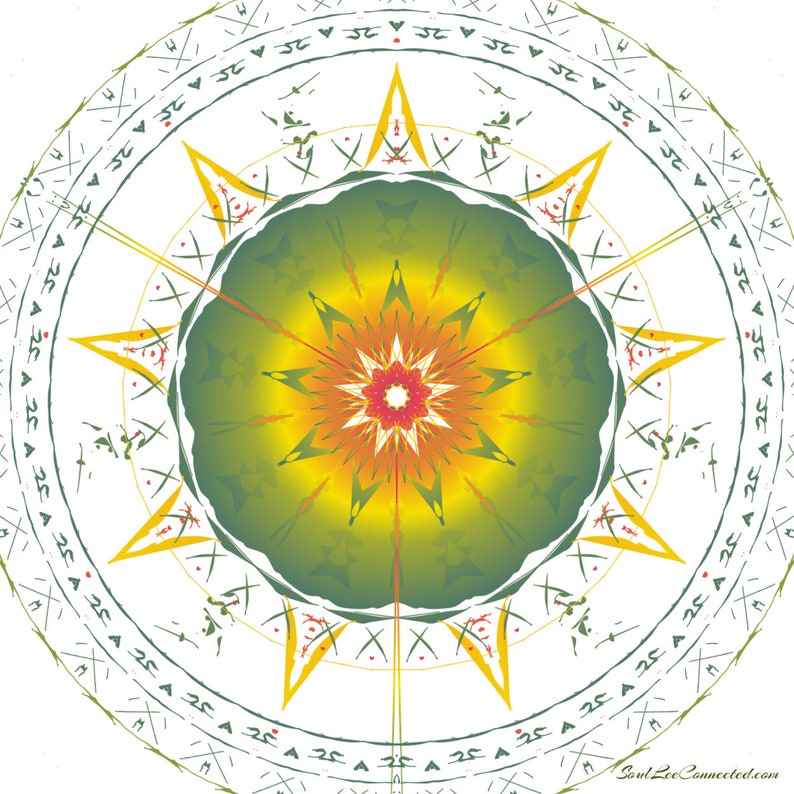 May include: A circular mandala design with a green, yellow, and orange colour scheme. The centre of the mandala features a starburst pattern with a red centre. The mandala is surrounded by a white background with a repeating pattern of green and yellow lines.