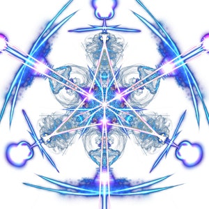 May include: Abstract digital art featuring a blue and purple snowflake design. The snowflake has a six-pointed star shape with intricate details and glowing lights.