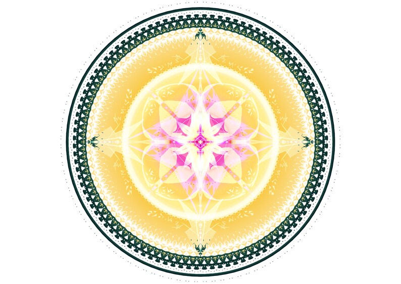 May include: A circular mandala design with a yellow background and a pink and white floral pattern in the centre. The mandala is surrounded by a dark green border with a repeating pattern.