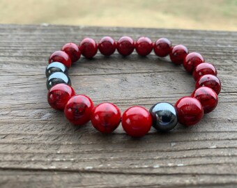 Men’s Red Quartz and Silver Hematite Bracelet.