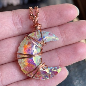Angel Aura Quartz Moon Wire Wrap Pendant