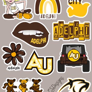 May include: A collection of stickers featuring the word "Adelphi" and "AU" in yellow and brown. Includes a cartoon girl, a rainbow, a flower, a jeep, and a panther logo. The stickers are on a gray background.