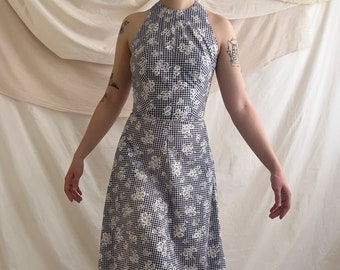 70's Handmade Navy Gingham and Floral Maxi Halter Dress
