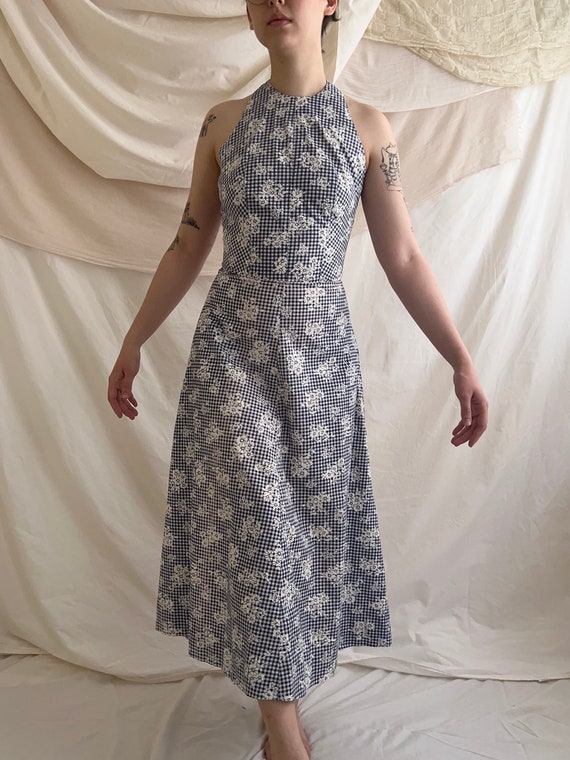 70's Handmade Navy Gingham and Floral Maxi Halter 