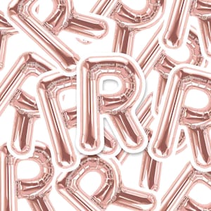 May include: A collection of rose gold foil letter balloons, each shaped like the letter "R". The balloons are arranged in a random pattern, with some overlapping.