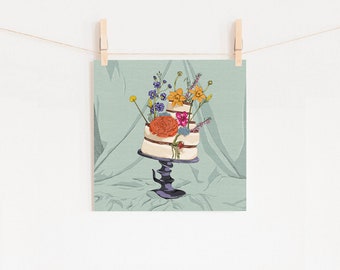 Cake & Flowers Illustration Print