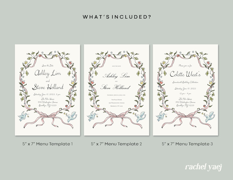 COLETTE : Hand Drawn Customizable, Printable, Instant Download DIY Floral Ribbon 5x7 Invitation Design Template image 4