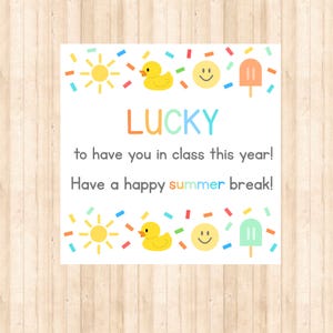 May include: A square card with a white background and a wooden texture. The card has the word "LUCKY" in colorful letters, along with the text "to have you in class this year! Have a happy summer break!" Decorative elements include suns, ducks, smiley faces, and popsicles.